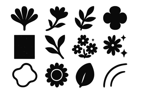 Floral Icon Set. Floral Design Concepts Pack silhouette icon set: petal fan, stem swoop, leafy sprig, rounded bloom, texture panel, botanical stroke, arrangement circle, floral