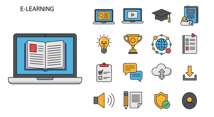 Fototapeta premium Digital education illustrated icons representing online learning and e-learning resources