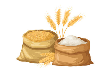 Two burlap sacks filled with grain and flour with wheat stalks