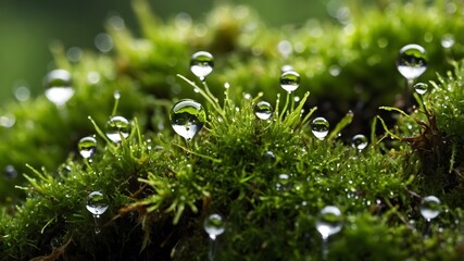 Macro Moss with Fresh Water Droplets, Green Natural Texture Close Up
