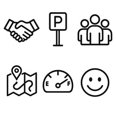Fototapeta premium Community Driving Icons. Community Driving linear icon set: handshake, parking sign, group icon, route map, fuel gauge, smile