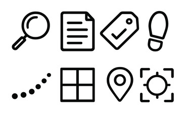 Obraz premium Evidence Icons Collection. Evidence Icons Set linear icon set: magnifying lens, document line, checkmark tag, footprint, data dot trail, clear window, clue marker, focus ring