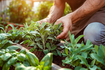 Close-up of a gardener's hands harvesting fresh sage herbs in a sunlit organic raised bed garden.