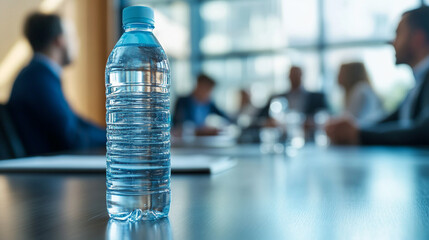 Close-up of a water bottle on a conference table with blurred professionals discussing in the background highlighting corporate environment business collaboration teamwork and a modern office setting