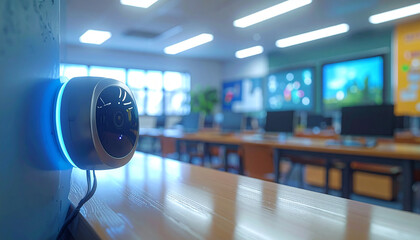 Surveillance Camera: A high-tech surveillance camera, mounted indoors, provides a sense of security and oversight within an open office. The modern device adds a layer of safety.