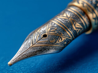 Detailed ornate metal nib of a vintage fountain pen resting on a blue surface showcasing intricate engraved patterns and craftsmanship in fine writing instruments