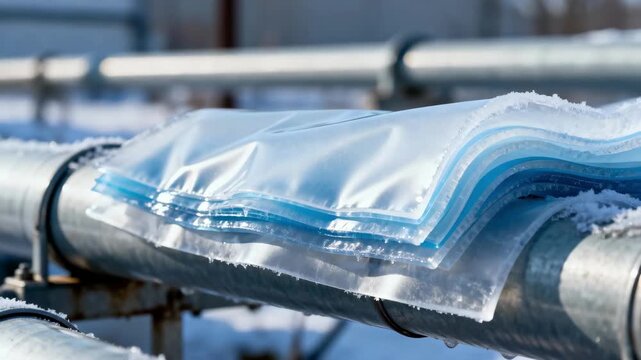 Closeup medium shot highlighting polymerbased frost shield materials being layered on outdoor pipes to prevent freezing and condensation.