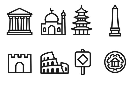 Cultural Heritage Icons. Cultural Heritage linear icon set. temple, mosque, pagoda, monument pillar, fortress wall, amphitheater, landmark sign, heritage plaque