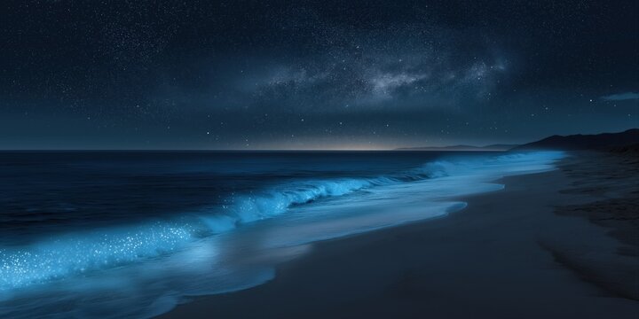 Serene nighttime beach with bioluminescent waves under starry sky