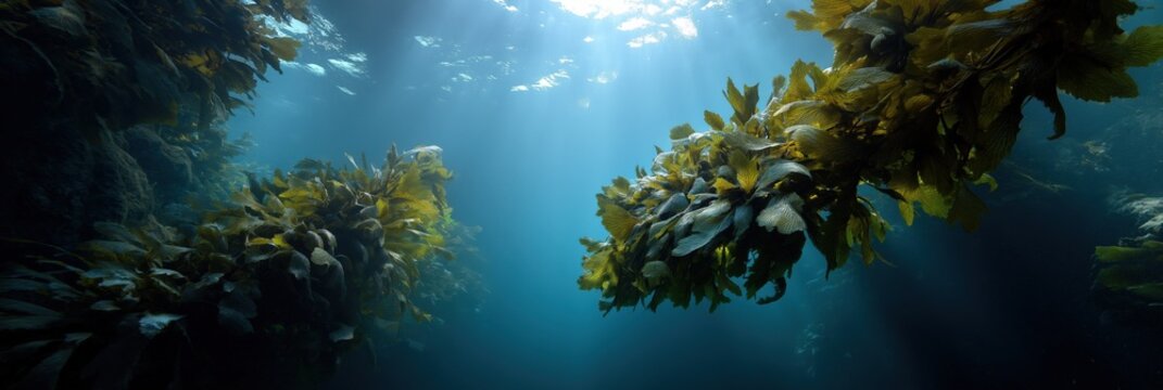 Sunlight piercing underwater kelp forest in tranquil ocean scene