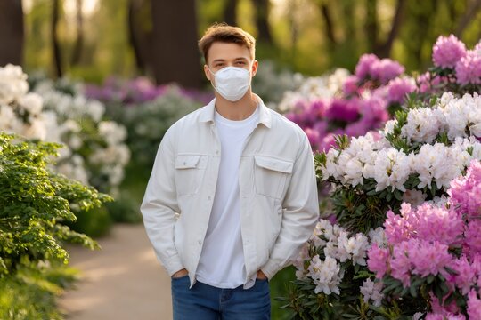 Young man wearing face mask standing in blooming rhododendron park