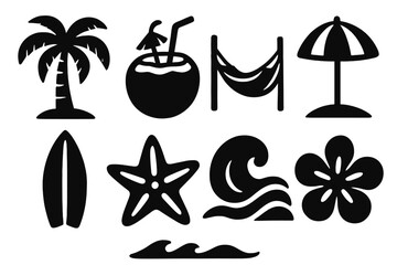 Obraz premium Brutalist Tropical Icons. Tropical Paradise silhouette icon set. palm tree, coconut drink, hammock, sun umbrella, surfboard, starfish, wave, tropical flower