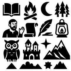 Fototapeta premium Folk Tale Icons. Folk tales silhouette icon set. open book, campfire, moon, forest, storyteller, quill, scroll, lantern, owl, castle, star, mountain