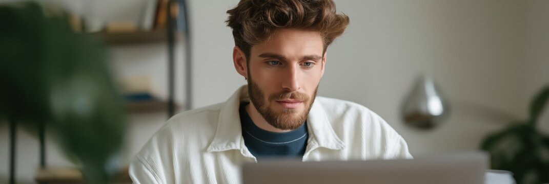 Focused young caucasian male adult working on laptop in cozy home setting