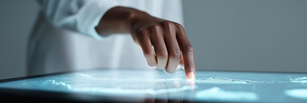 African adult female using interactive touchscreen display in modern technology setting - Powered by Adobe