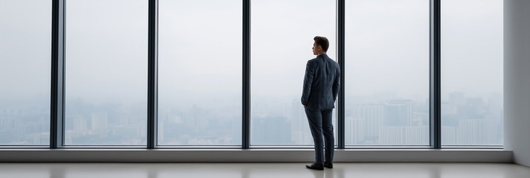 Asian male in suit observing cityscape from modern office window
