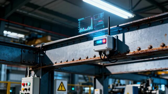 Medium shot of IoT sensors attached to steel beams capturing realtime structural health data in a modern industrial setting.