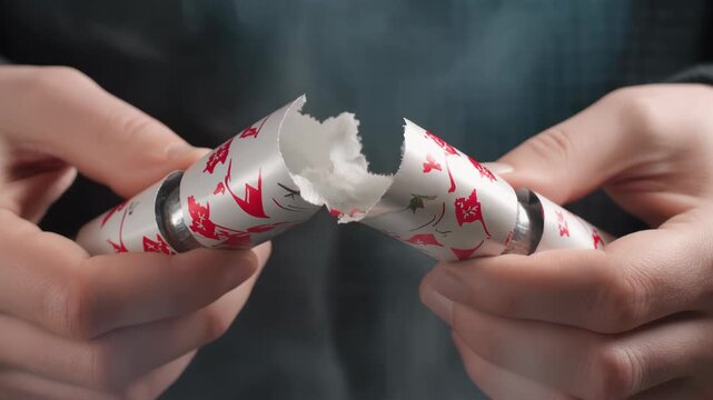 Hands break open a christmas cracker with red origami designs.