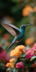 Fototapeta premium Vibrant hummingbird hovering among colorful blooms in lush garden