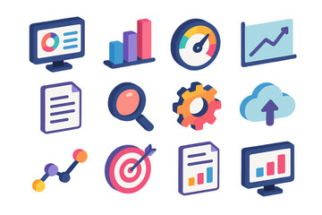 Colorful Isometric Icons. Performance Metrics flat icon set: dashboard, chart, speedometer, graph, document, magnifying glass, gear, cloud, line, target, report, screen