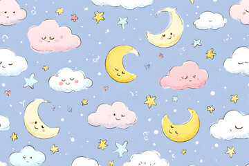 Seamless kawaii night sky pattern with smiling crescent moons and clouds for cute design