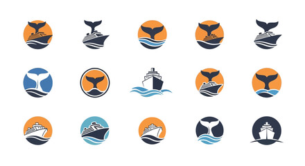 Nautical themed logo designs featuring ships and whale tails embodying maritime exploration and