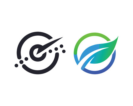Two circular logos are displayed side-by-side. One is a black abstract target with dots, the other a green and blue leaf within a circle