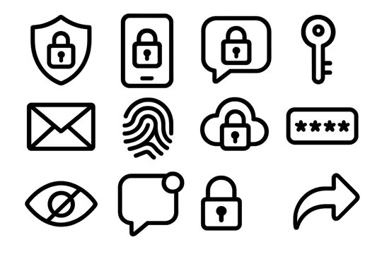 Secure Communication Icons. Secure Messaging linear icon set. shield, lock icon, smartphone, encrypted bubble, key symbol, closed envelope, fingerprint, cloud with lock, password