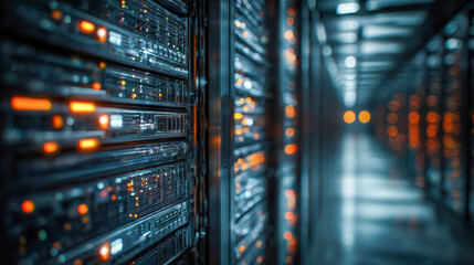 Modern data center interior with multiple server racks illuminated by blinking status lights creating a futuristic and high-tech atmosphere for cloud computing and s