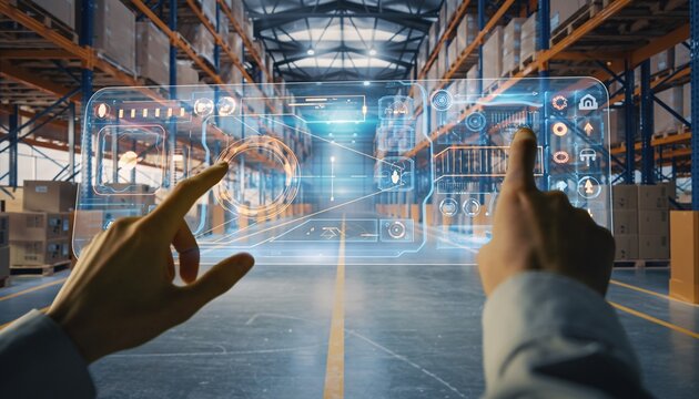 Hands interacting with an augmented reality interface in a modern smart warehouse for logistics and inventory management.