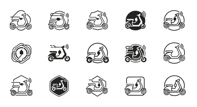 Electric scooter icon set representing modern transportation and eco friendly options for delivery