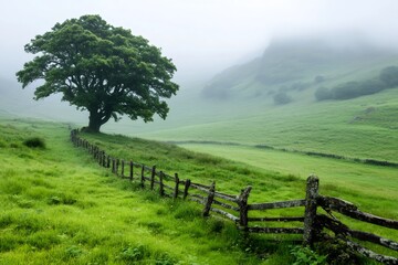 Solitary tree standing by old wooden fence in foggy landscape