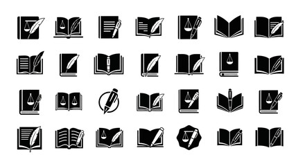 Collection of minimalistic icons representing law, education, and writing themes