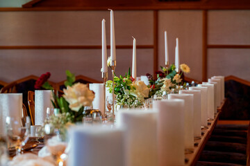 The wedding table in close up view with bokeh background