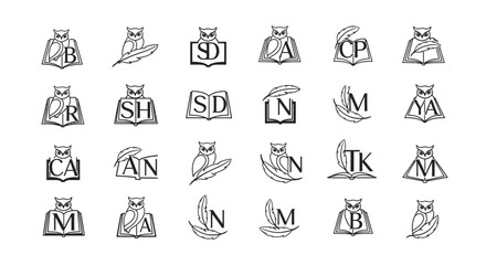 Collection of wise owl logos perched on books for diverse brand identities