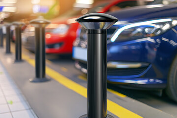 Smart parking sensor bollard in a modern city garage with cars and bright motion blur.