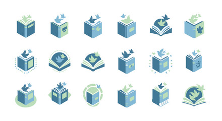 Collection of creative logo designs featuring open books and birds in flight blue tones