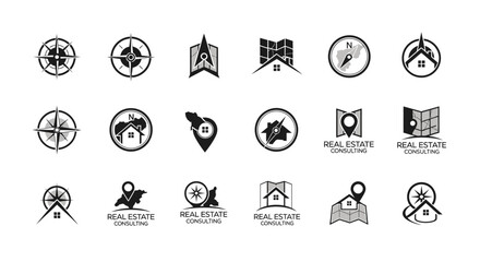 Collection of minimalist real estate logos featuring compasses, maps, and homes