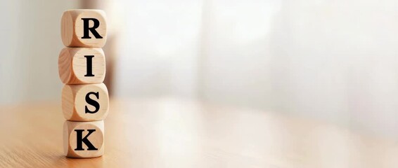 Stacked wooden cubes forming the word risk on wooden surface, wide format with copy space, business and financial concept, uncertainty in planning, strategic decision making - Powered by Adobe