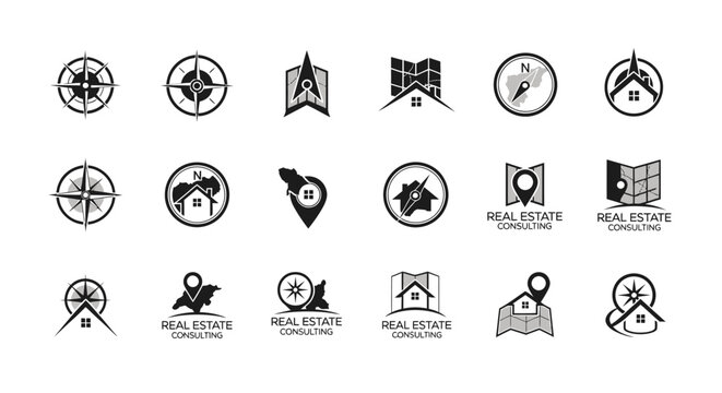 Collection of minimalist real estate logos featuring compasses, maps, and homes