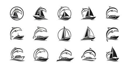 Collection of nautical themed vector icons featuring boats yachts and playful dolphins