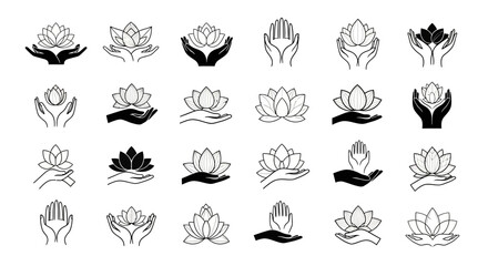 Elegant collection of lotus flower illustrations cradled in gentle hands expressing serenity and