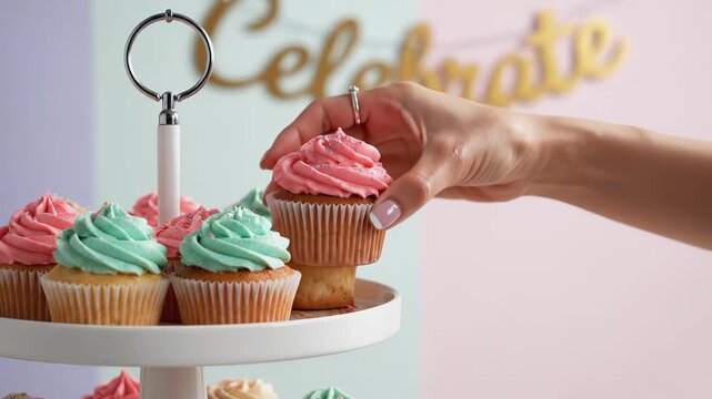 Colorful cupcakes on a tiered stand are being selected by a hand, showcasing a festive atmosphere, camera zooms in for detail and action