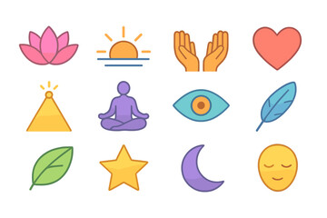 Spiritual Awakening Icons. Spiritual Awakening flat icon set: lotus flower, sunrise, open hands, heart, light beam, meditation figure, eye symbol, feather, leaf, star, moon, calm