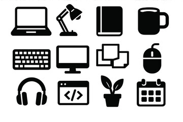 Brutalist Workspace Icons. Developer workspace silhouette icon set. laptop, desk lamp, notebook, coffee mug, keyboard, monitor, sticky notes, mouse, headphones, code window, plant