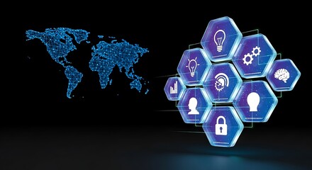 Global business solutions concept with connected world map and innovative technology icons for data security and strategic planning in a modern digital age