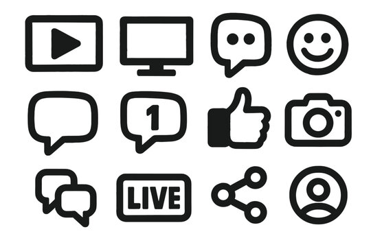 Bold Video Icons. Video Comments silhouette icon set. play button, screen frame, chat window, emoji reaction, speech bubble, comment counter, thumbs up, camera icon, reply thread
