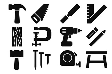 Fototapeta premium Brutalist Carpentry Icon Set. Carpentry Tools silhouette icon set. hammer, saw, chisel, ruler, wood plank, clamp, drill, pencil, mallet, nails, tape measure, workbench