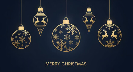 Elegant christmas ornaments with golden details on a dark blue background