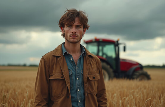 Young farmer poses near red tractor in golden wheat field. Handsome man with jacket standing among agriculture farmland. Looks serious, confident against rural cloudy sky background. Agriculture